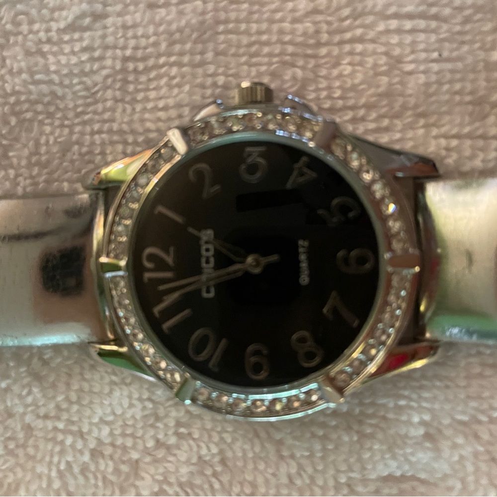 Ladies Chico’s watch with silver leather strap. Great condition.